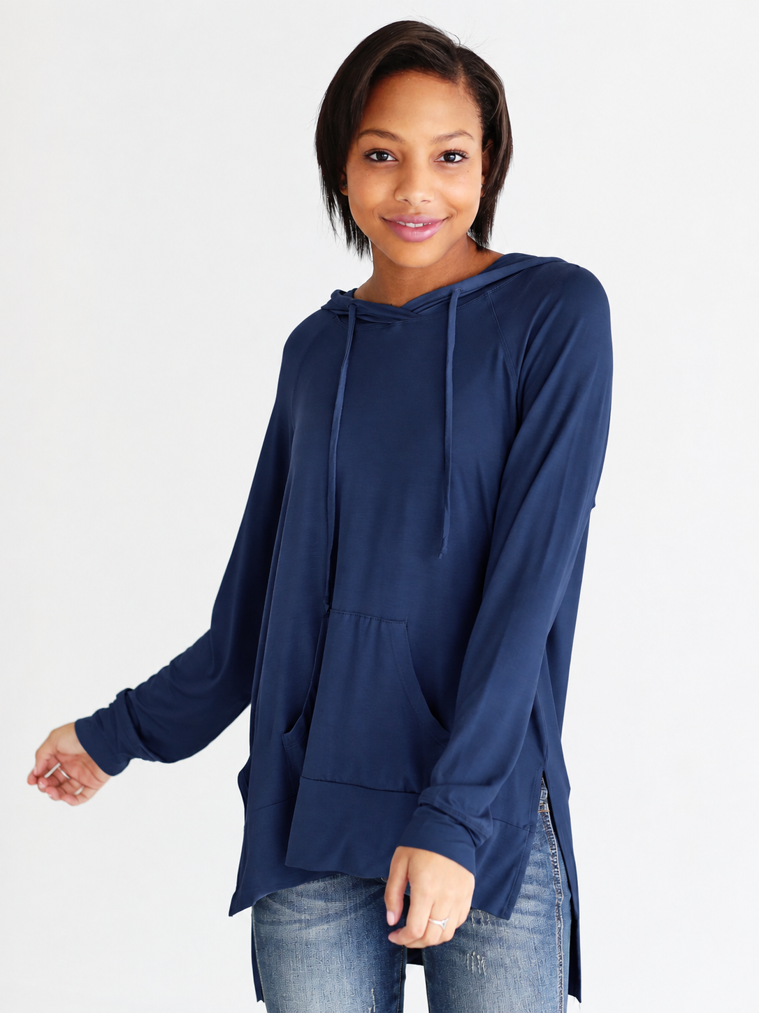 Midnight Teal Dlmn Lightweight Side-slit Hoodie Sweatshirt