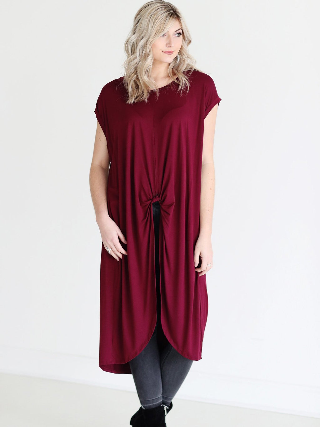 Burgundy Dlmn Knotted High-low Top