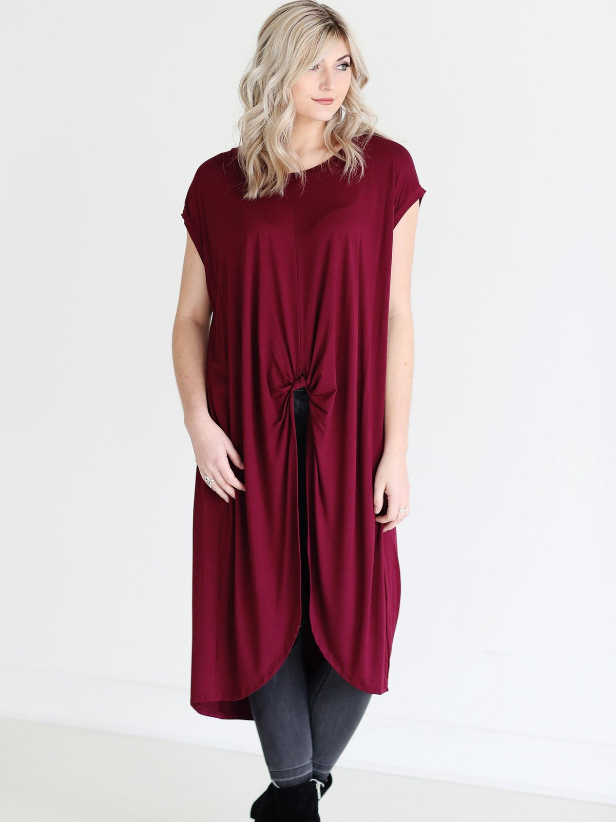 Burgundy Dlmn Knotted High-low Top