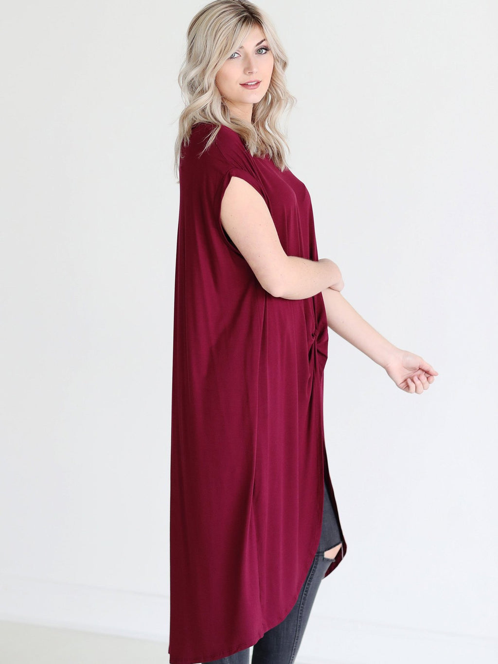 Burgundy Dlmn Knotted High-low Top