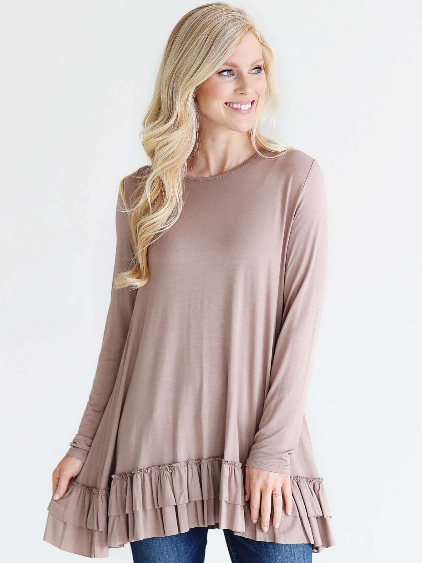 Taupe Dlmn Double Ruffle Tunic