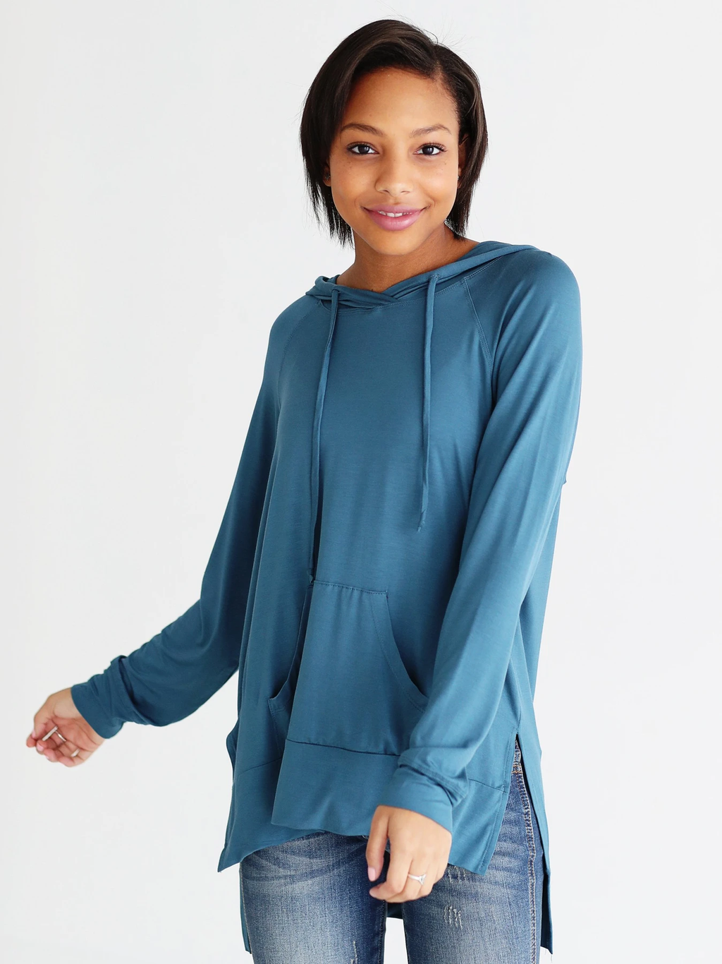 Midnight Teal Dlmn Lightweight Side-slit Hoodie Sweatshirt