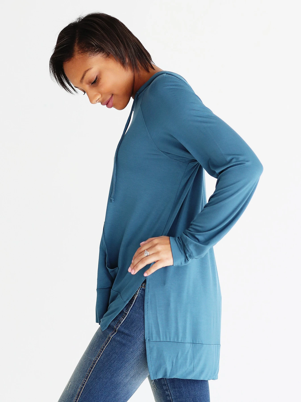 Midnight Teal Dlmn Lightweight Side-slit Hoodie Sweatshirt