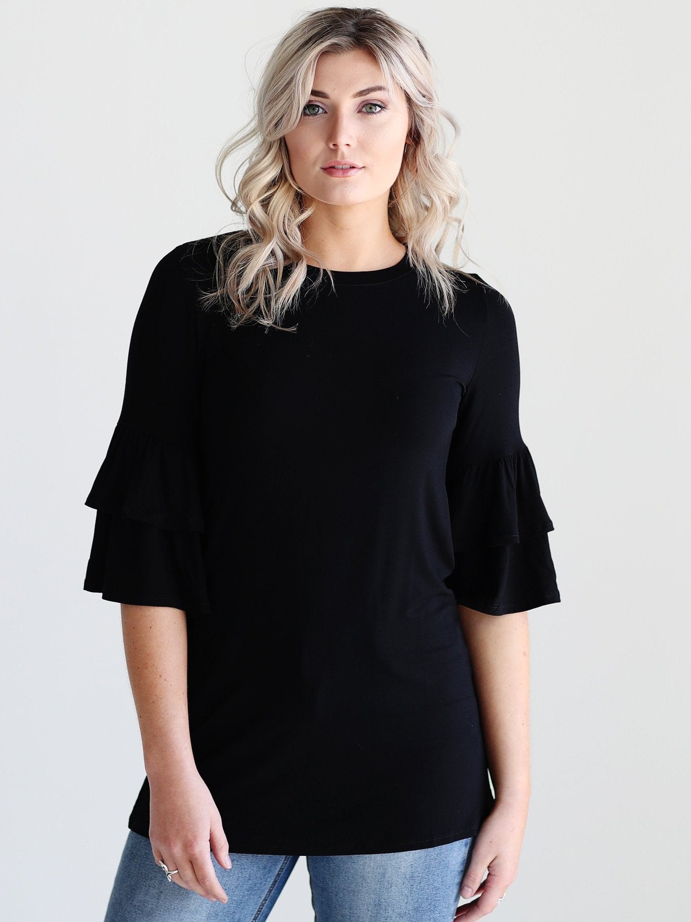 Black Dlmn Double Ruffle Sleeve Top