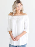 White Dlmn Off-the-shoulder Draped Sleeve Top