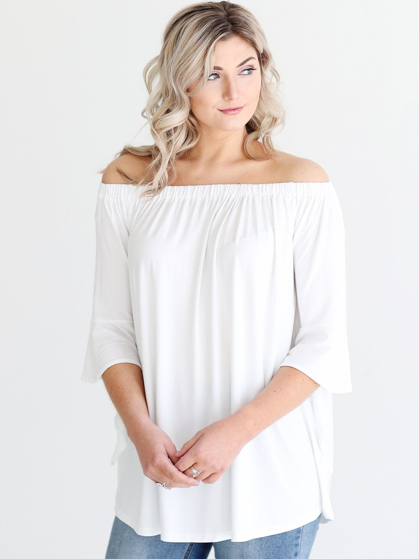 White Dlmn Off-the-shoulder Draped Sleeve Top