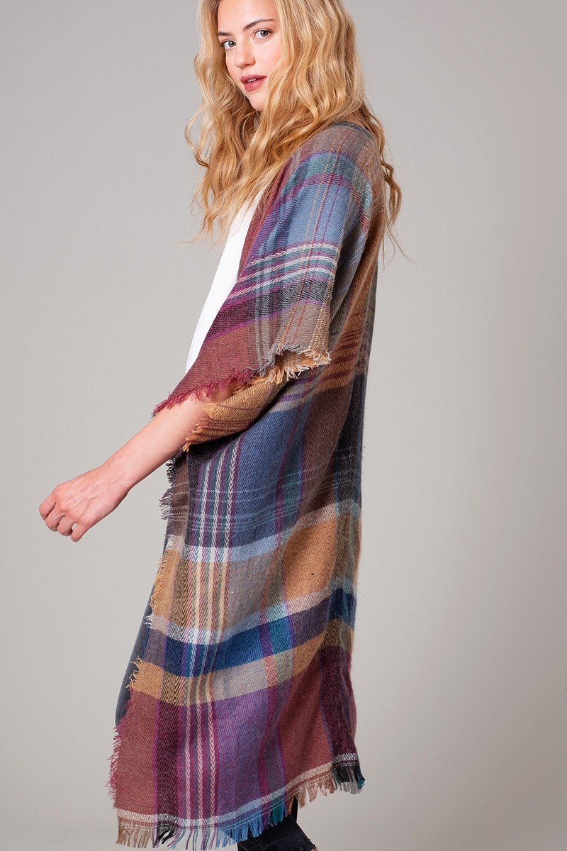 Multi Color Jacquard Plaid Long Kimono