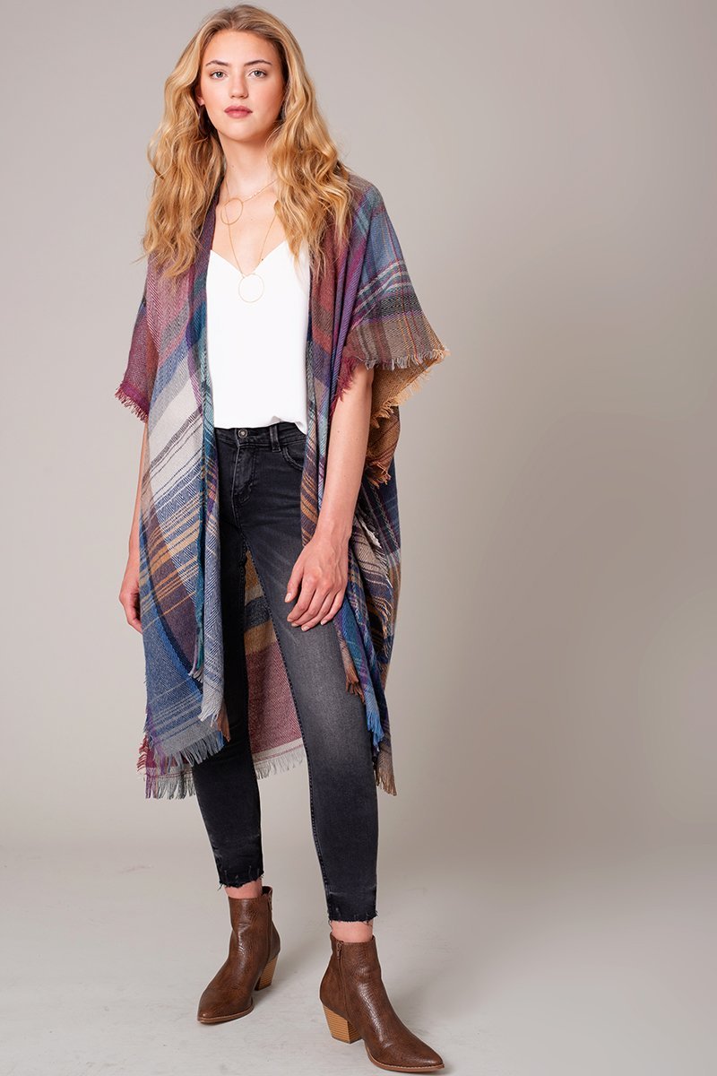 Multi Color Jacquard Plaid Long Kimono