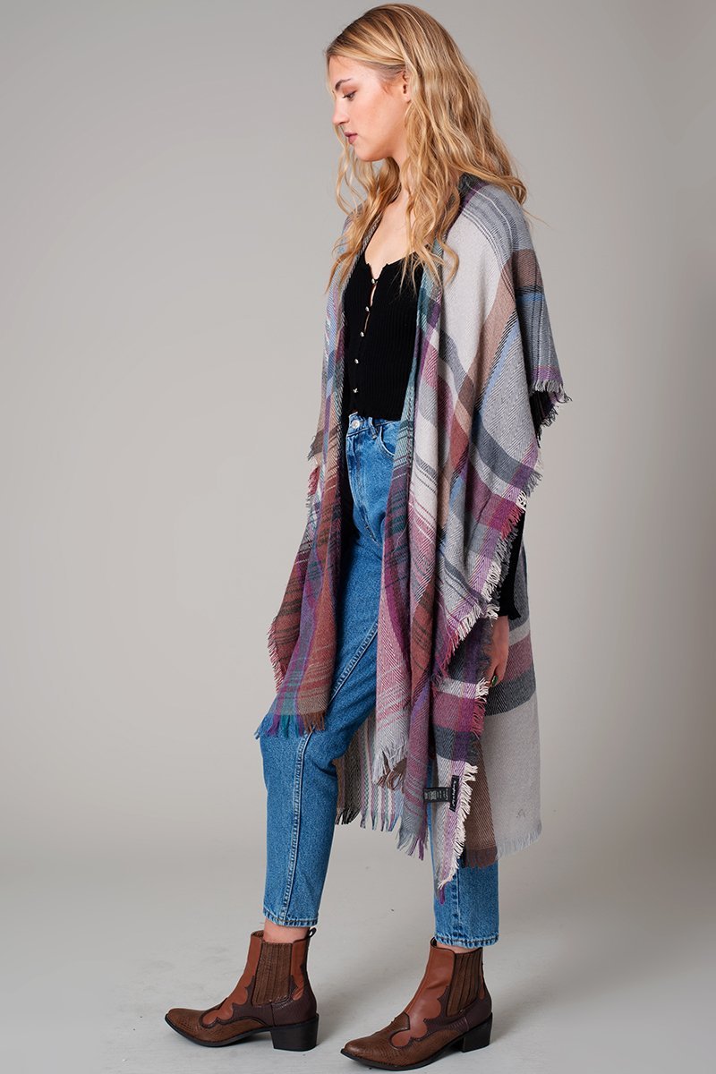 Multi Color Jacquard Plaid Long Kimono