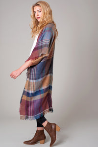 Multi Color Jacquard Plaid Long Kimono
