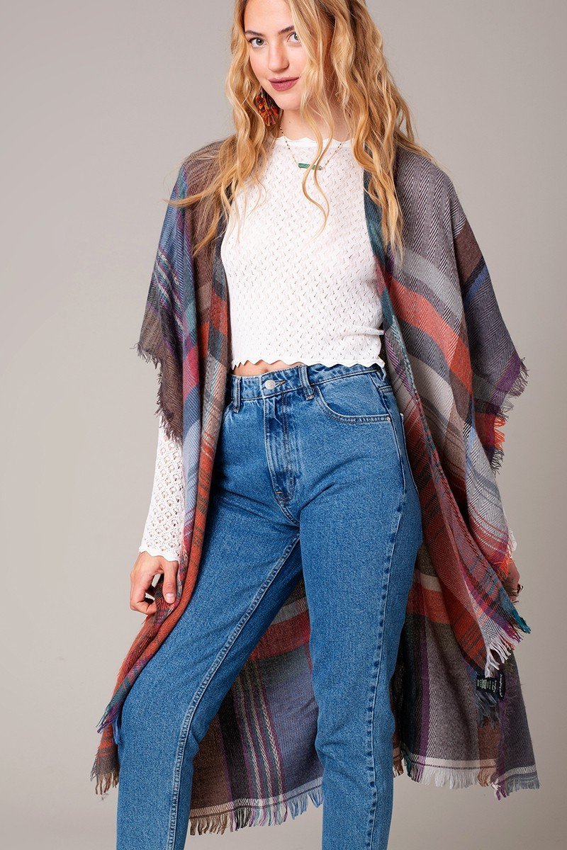 Multi Color Jacquard Plaid Long Kimono
