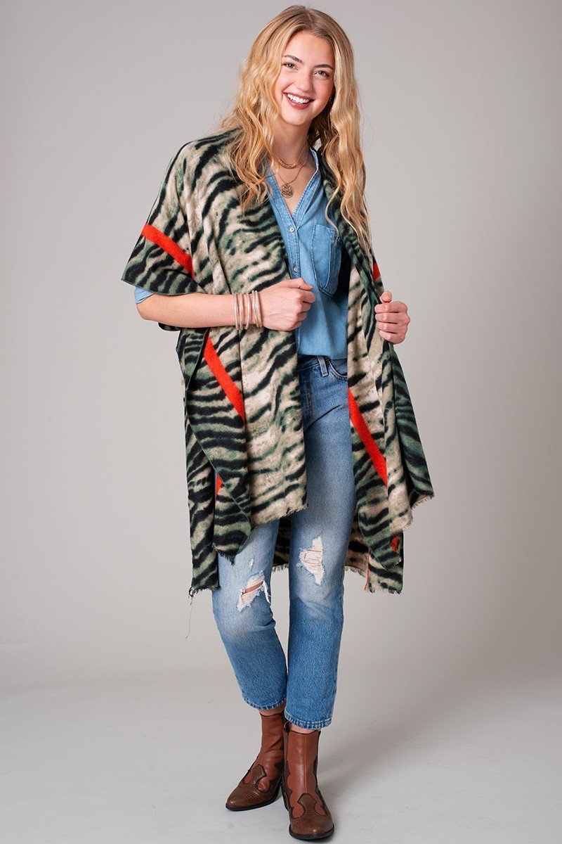 Tiger Print Stripe Border Cozy Kimono