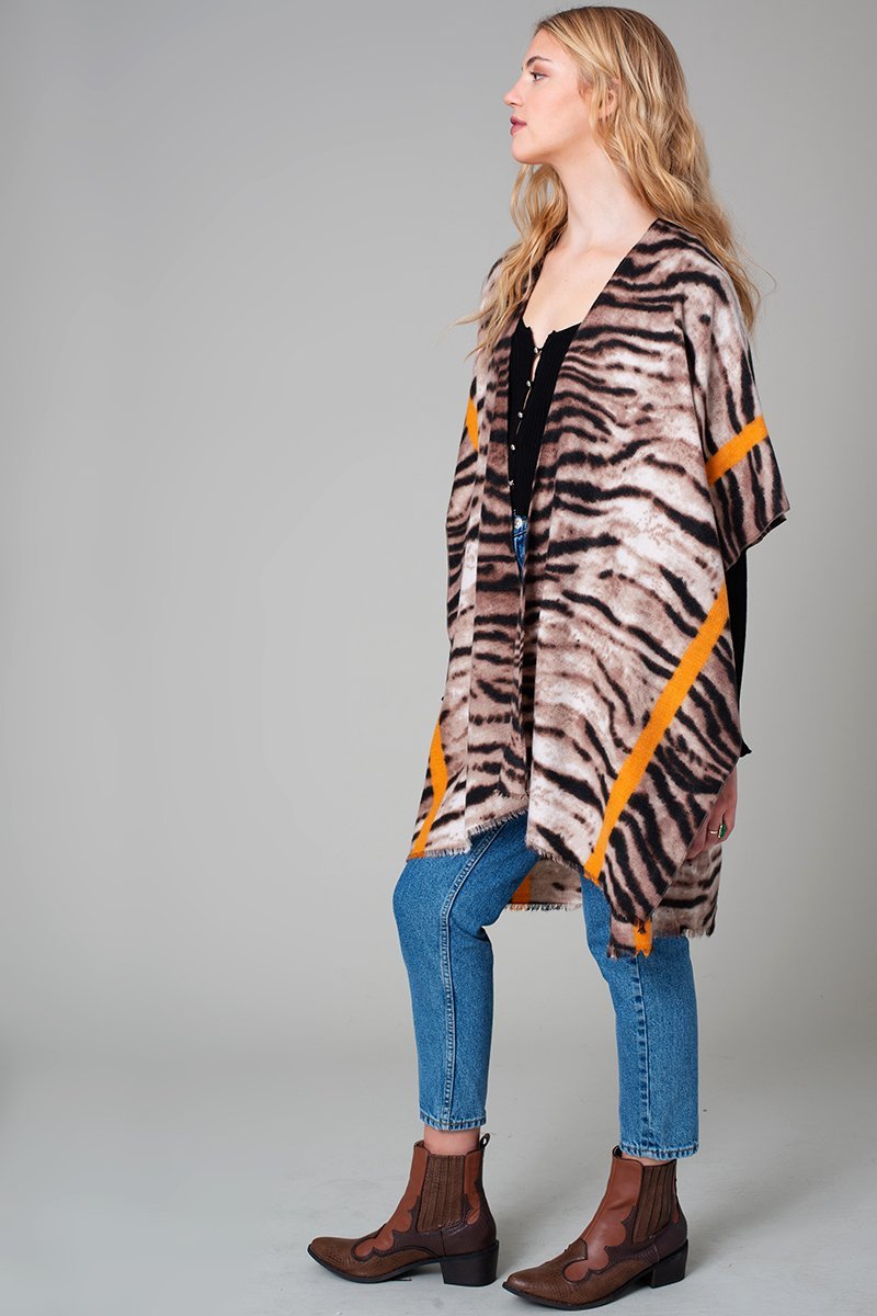 Tiger Print Stripe Border Cozy Kimono
