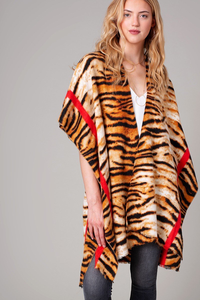Tiger Print Stripe Border Cozy Kimono