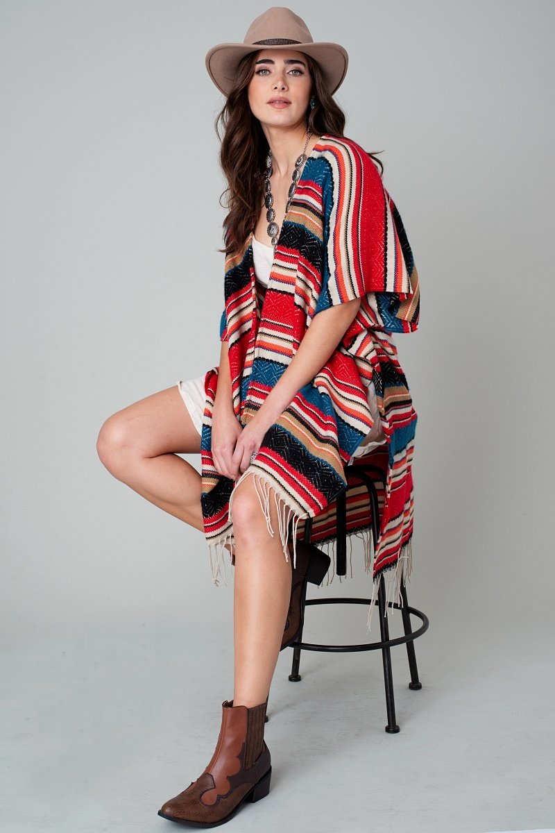 Ethnic Striped Fringed Kimono
