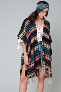 Ethnic Striped Fringed Kimono