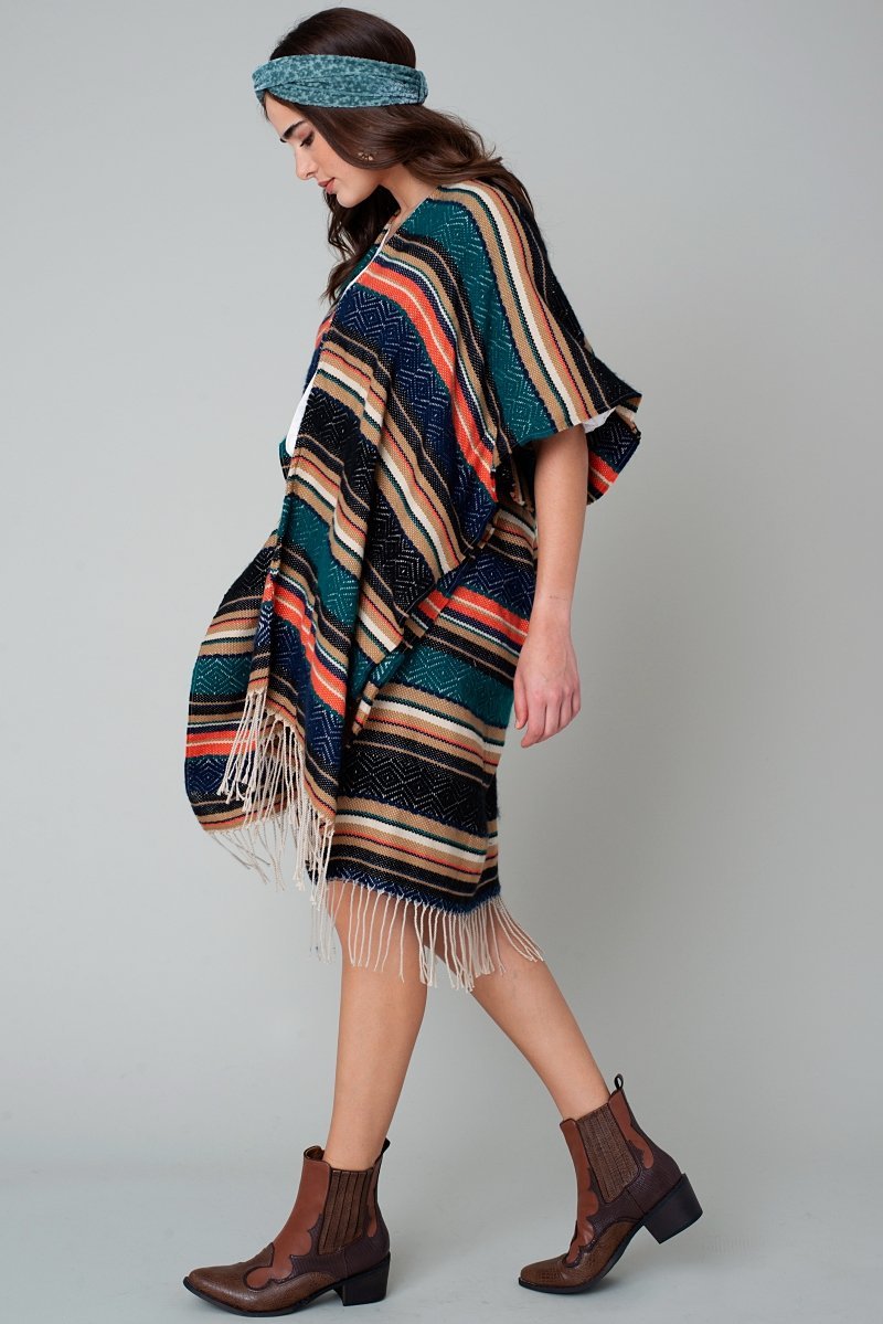 Ethnic Striped Fringed Kimono