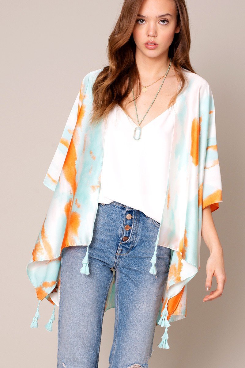 Tie Dye Print Tassels Kimono