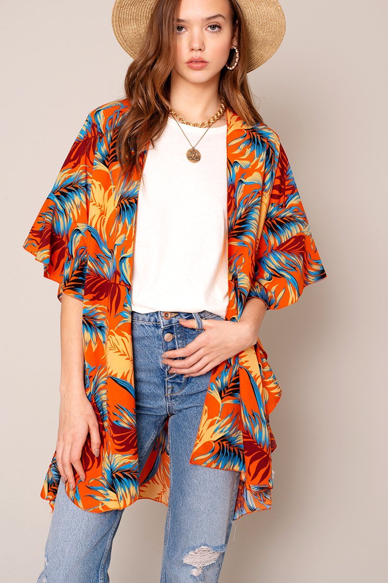 Tropical Leaf Print Kimono