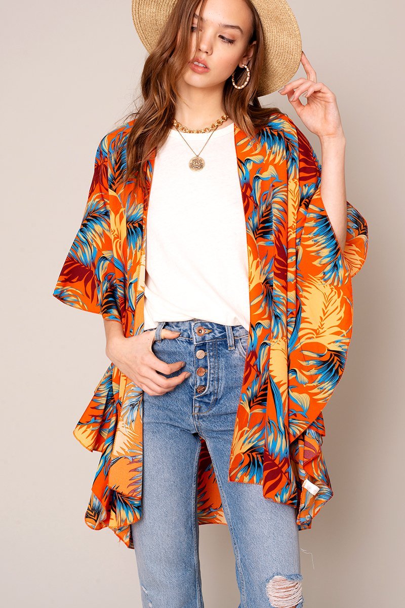 Tropical Leaf Print Kimono