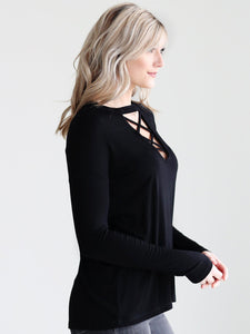 Black Dlmn Long Sleeve Strappy Neck Top